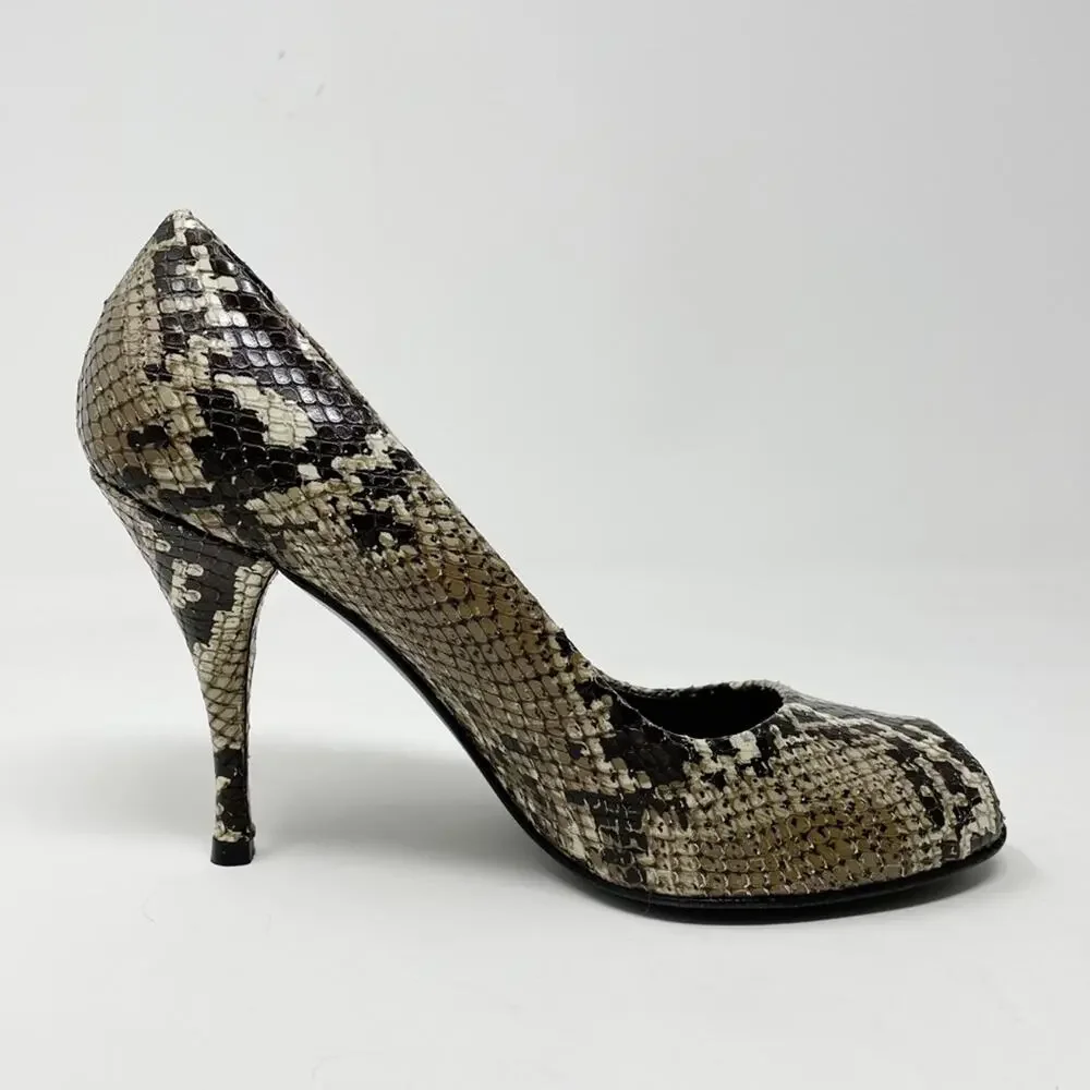 Stuart Weitzman Snakeskin Python Leather Peep Toe High Heels Shoes Black Tan 6